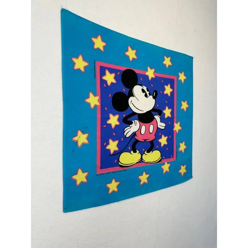 VTG 80s Disney Mickey Mouse Star Handkerchief Scarf Bandana Western Cartoon Blue
